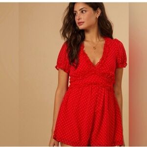 Altar'd State Bowie Romper Women's Sz Medium Red Polka Dot Ruffle